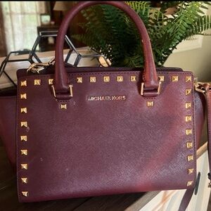 Michael Kors Burgundy Gold Stud Satchel Bag